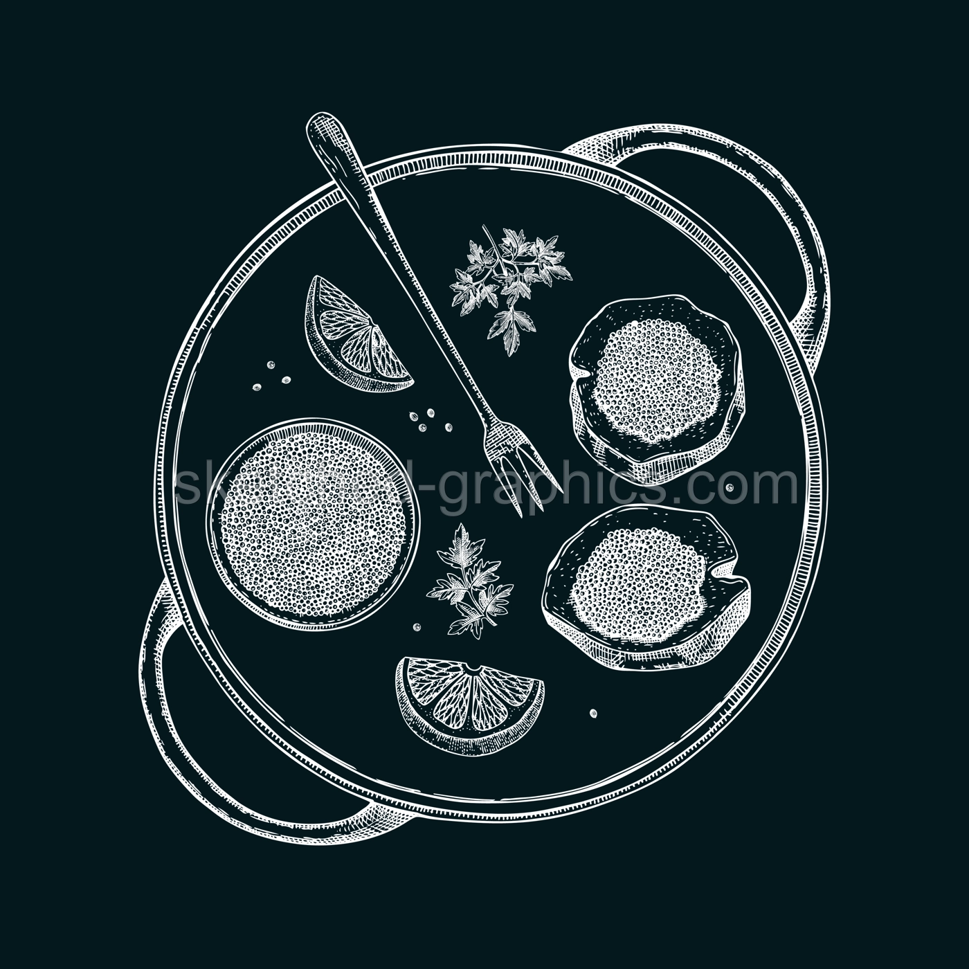 Hand drawn tray with black caviar canape with lemons and spices on chalkboard. Canned seafood sketches. Vector illustration in vintage style. Illustration